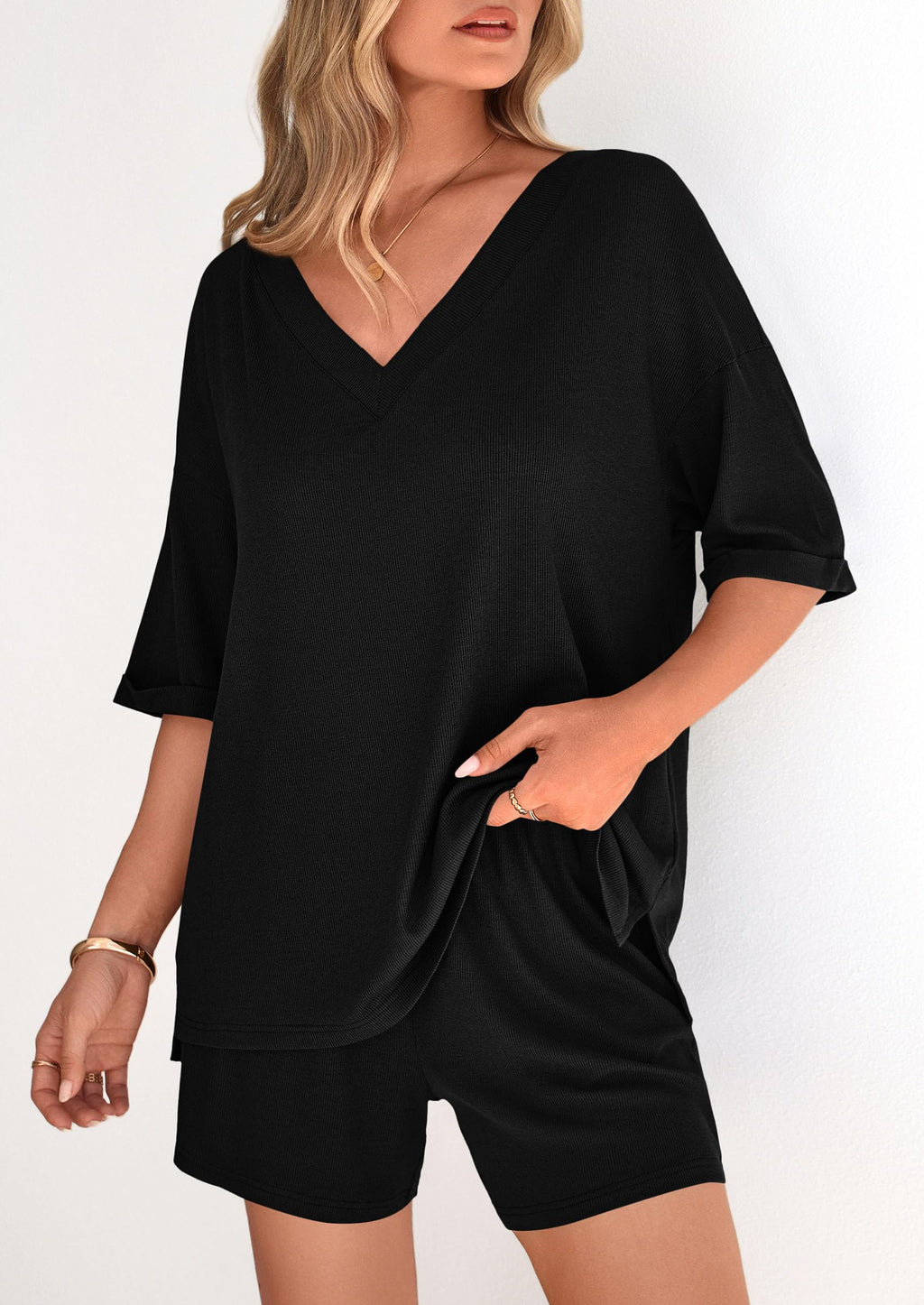 PRETTYGARDEN Womens 2 Piece Sets Summer Oversized Vneck Half Sleeve Tops Shorts Lounge Set Casual Travel Airport Outfits