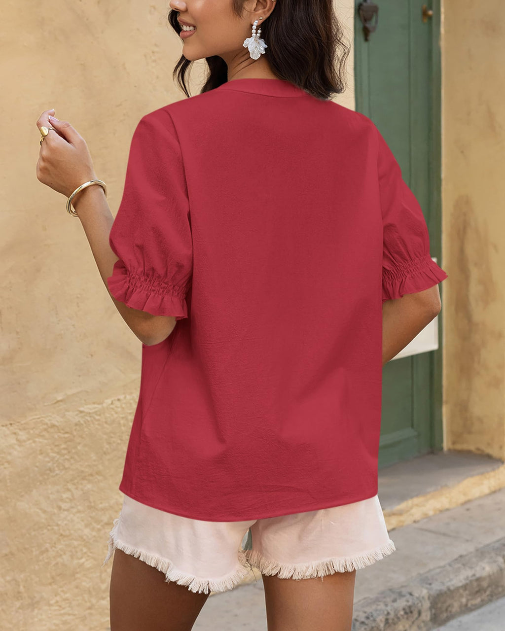BTFBM Women's Spring Tops Casual Floral Boho V Neck Puff Short Sleeve Button Down Shirts Embroidered Blouses Tunic