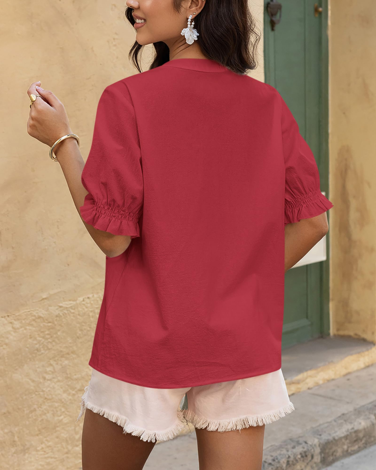 BTFBM Women's Spring Tops Casual Floral Boho V Neck Puff Short Sleeve Button Down Shirts Embroidered Blouses Tunic