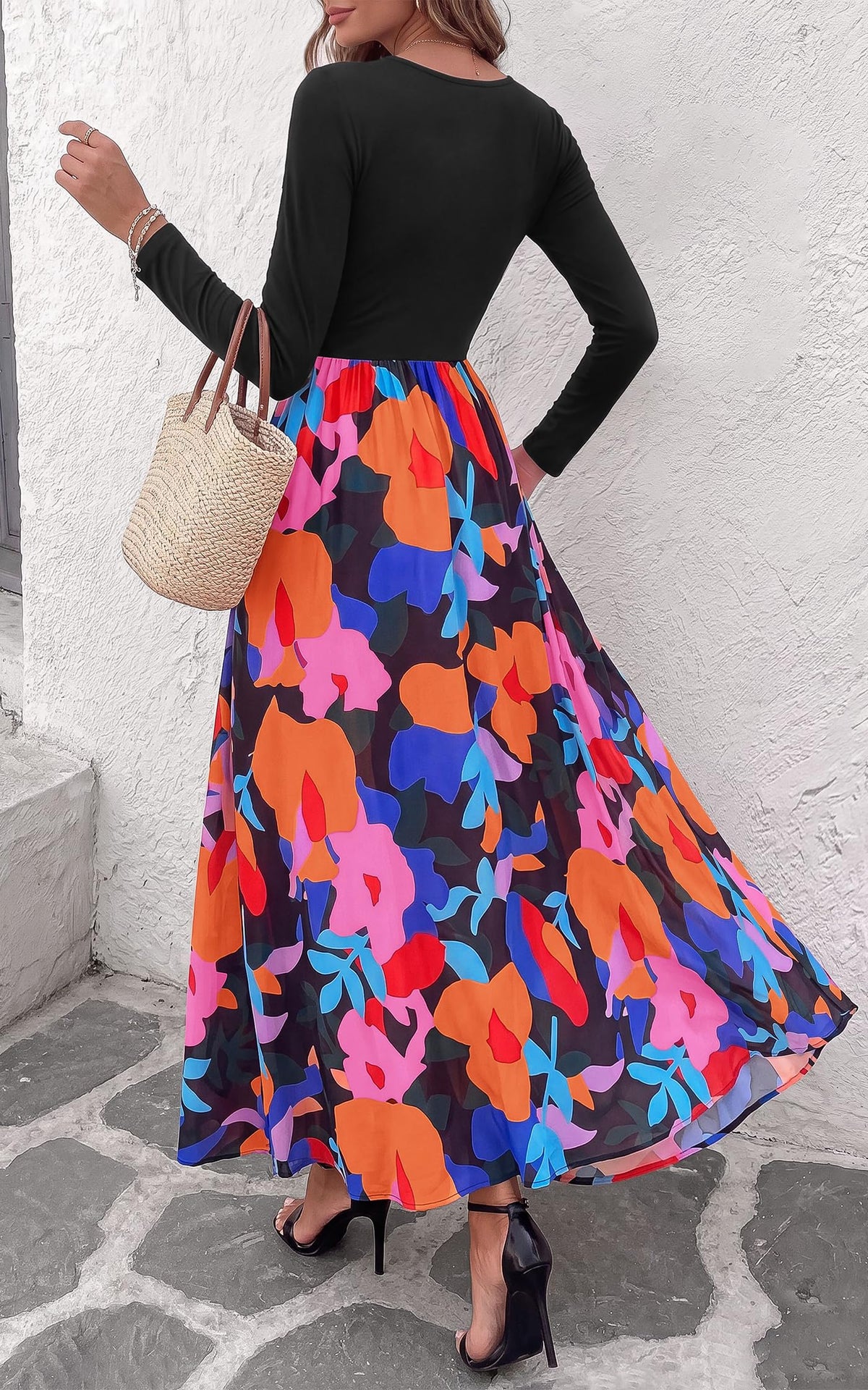 FreshPretty Women's Long Sleeve Boho Floral Flowy Fall Maxi Dress,Wedding Guest Dress,Elegant A Line Swing Bohemian Long Dresses with Pockets,Church Garden Party Resort Cruise Vacation Dress