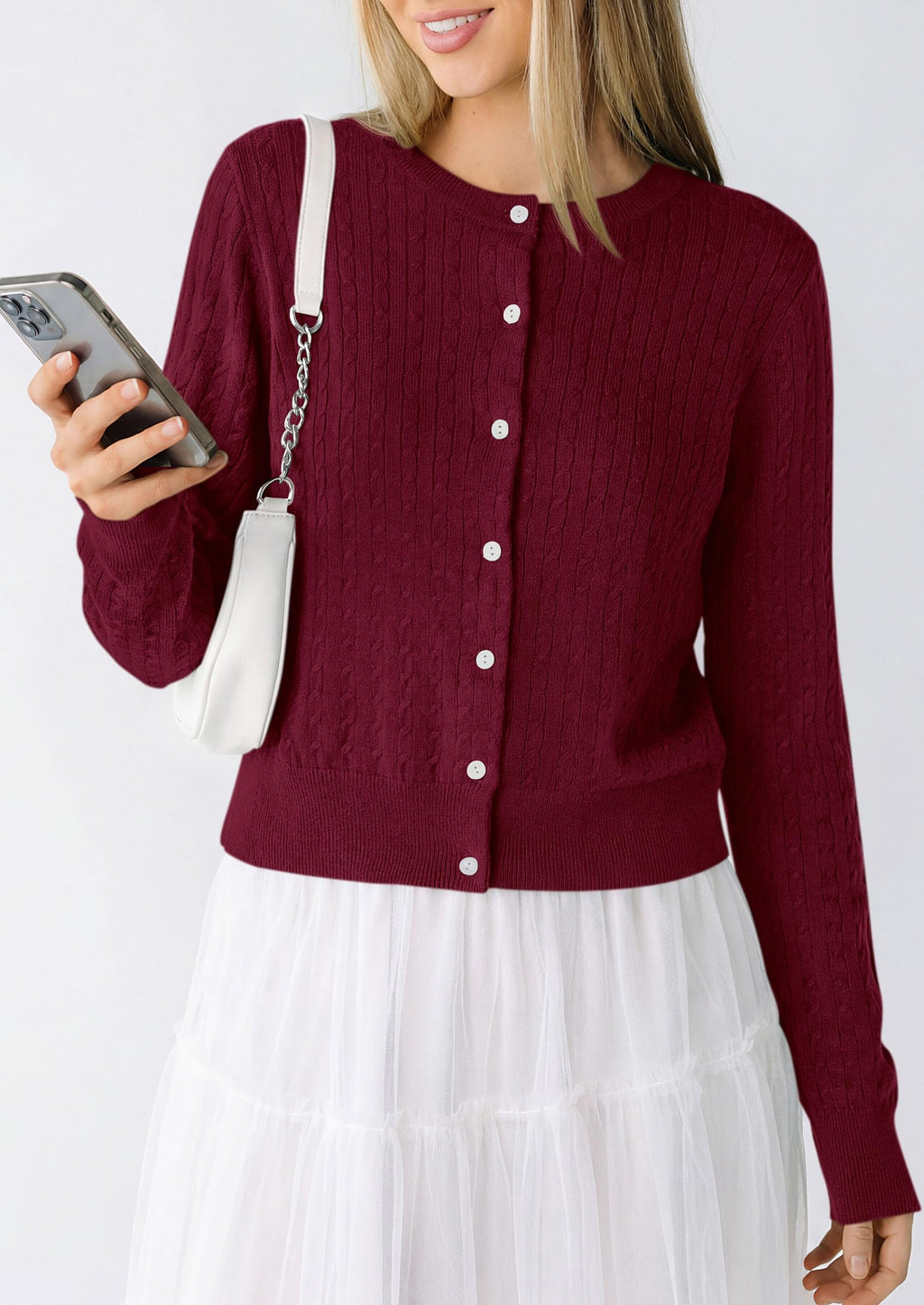 PRETTYGARDEN Women Lightweight Button Up Cardigan Sweaters | Soft Stretchy, Cozy Cable Knit, Long Sleeve Crew Neck, Trendy Cardigans, Cute Casual Outfits, Early Fall Fashion Clothing