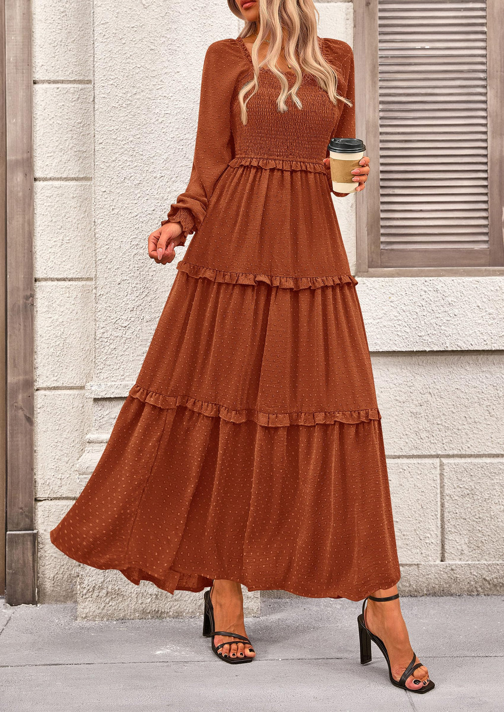 PRETTYGARDEN Fall Dresses for Women Long Sleeve Smocked Square Neck Swiss Dot Tiered Flowy Wedding Guest Maxi Dress