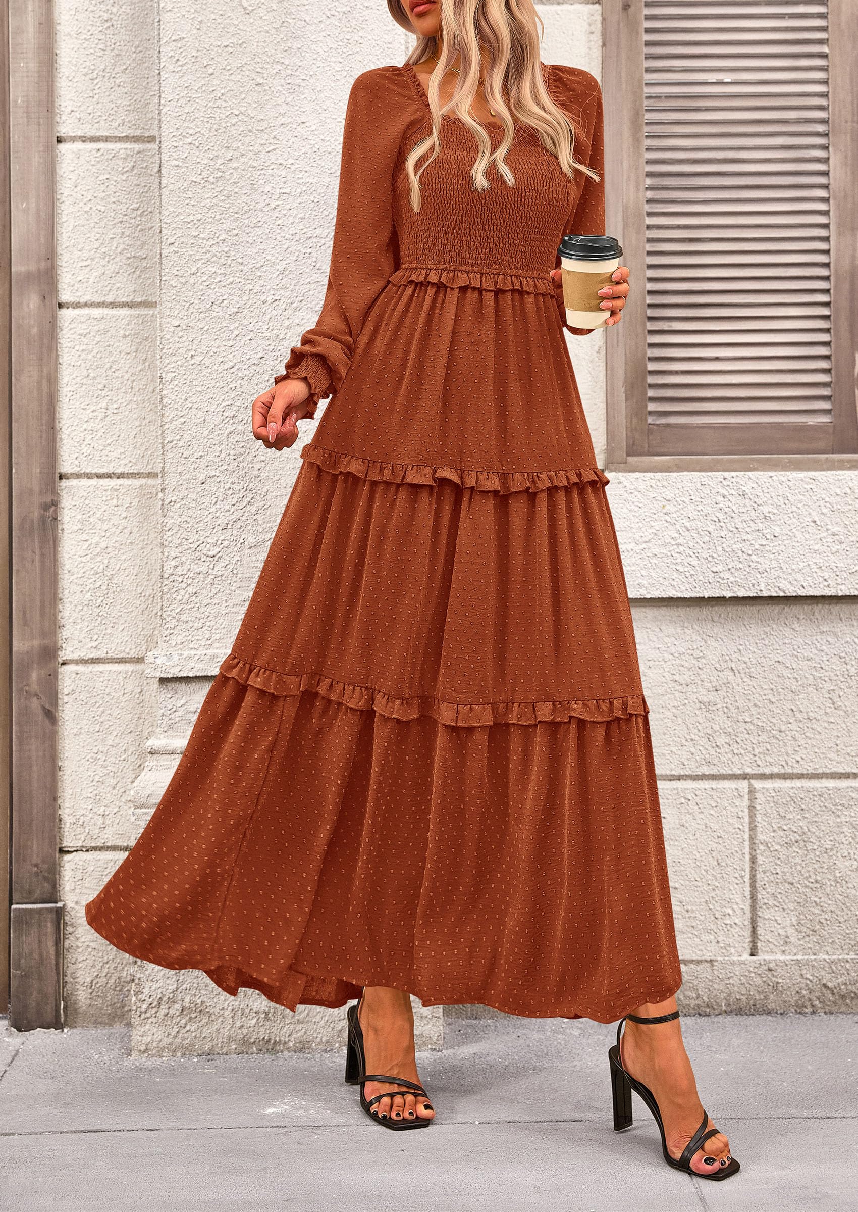 PRETTYGARDEN Fall Dresses for Women Long Sleeve Smocked Square Neck Swiss Dot Tiered Flowy Wedding Guest Maxi Dress