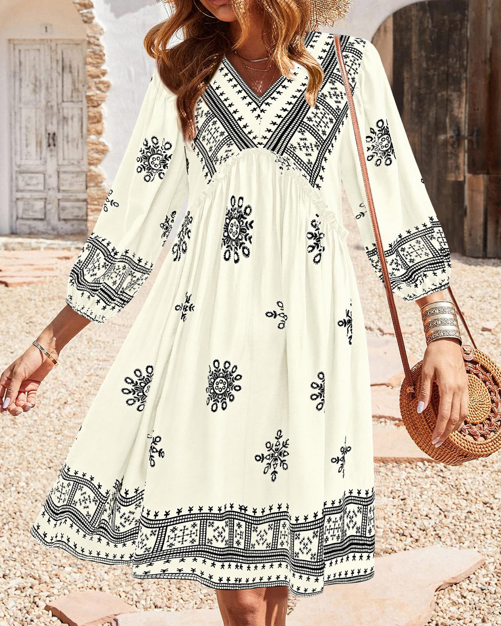 BTFBM Women Casual Spring Summer Dresses V Neck 3/4 Long Sleeve Ruffle Floral Flowy Boho Babydoll Mini Short Beach Dress