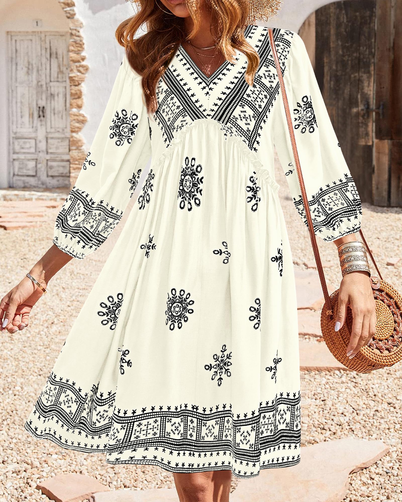 BTFBM Women Casual Spring Summer Dresses V Neck 3/4 Long Sleeve Ruffle Floral Flowy Boho Babydoll Mini Short Beach Dress