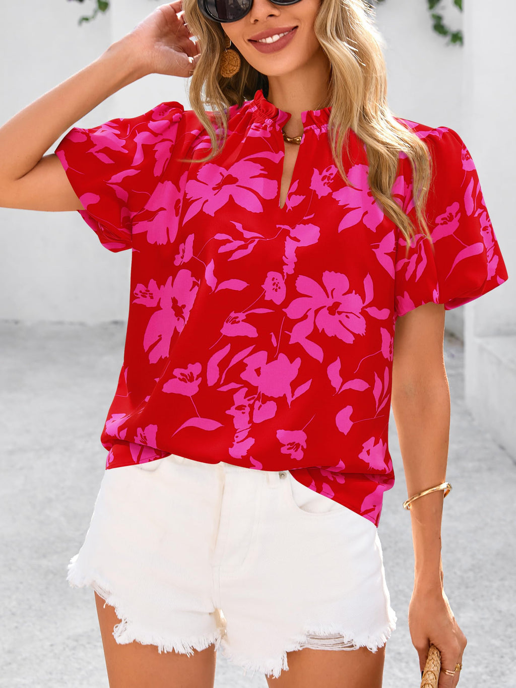 PRETTYGARDEN Boho Short Sleeve Floral Work Blouses for Women Dressy Casual V Neck Puff Sleeve Loose Chiffon Flowy Tops Shirts