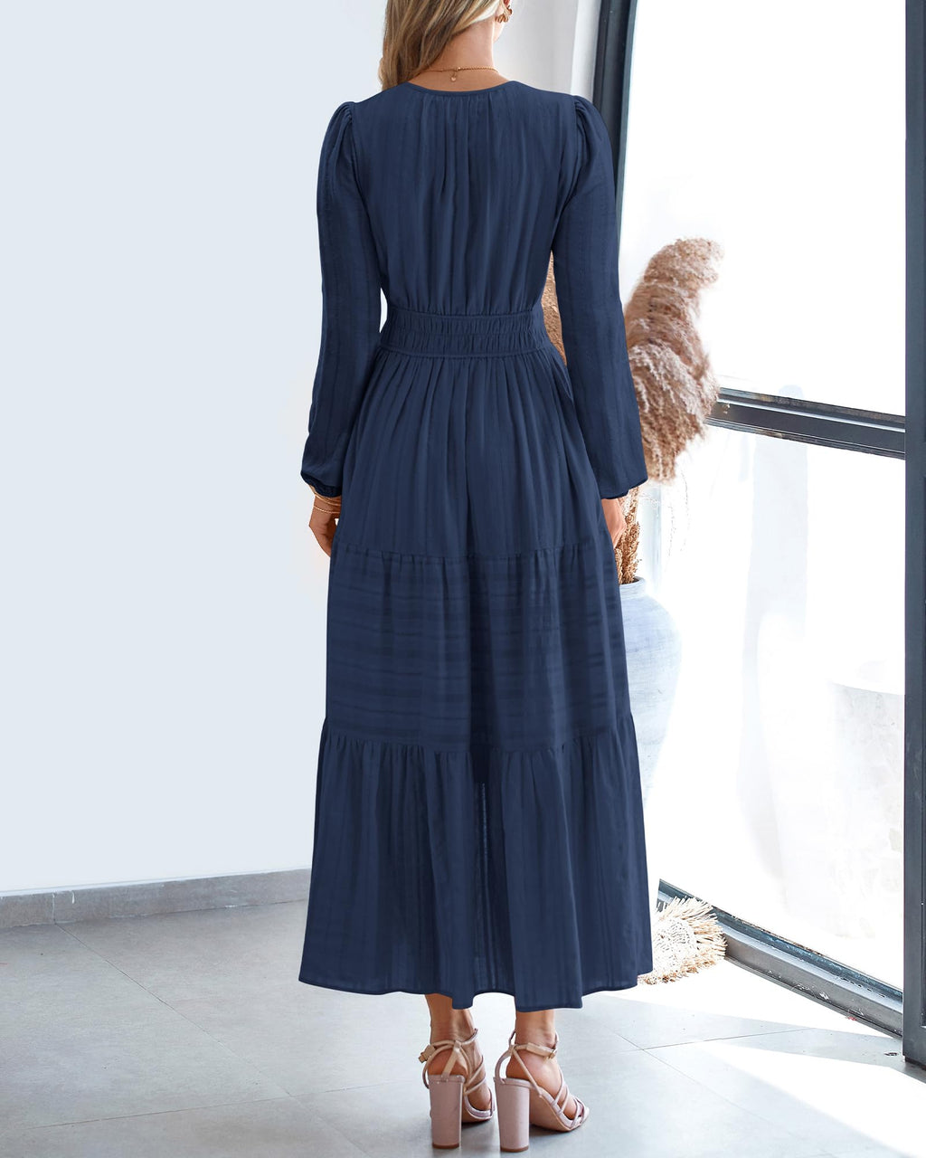 BTFBM Spring Dresses for Women 2026 Casual Long Sleeve V Neck Elastic Waist Lightweight Maxi Wedding Guest Dress Pockets