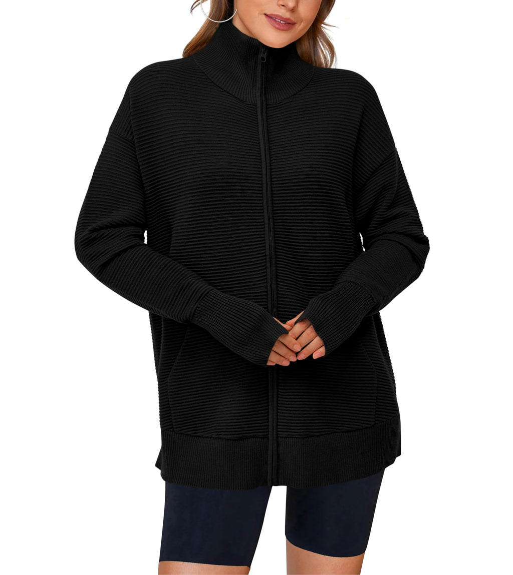 PRETTYGARDEN Womens Fall Long Sleeve Zip Up Cardigan Sweaters Casual Loose Collared Ribbed Knit Tops Jackets Thumb Hole