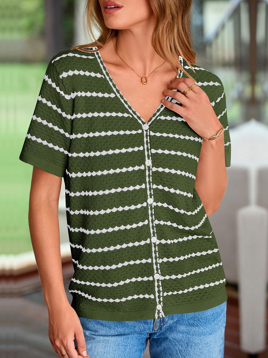 FreshPretty Women's Short Sleeve Sweater Spring Summer Crochet Knit Tops V Neck Striped Button Down Dressy Casual Blouses
