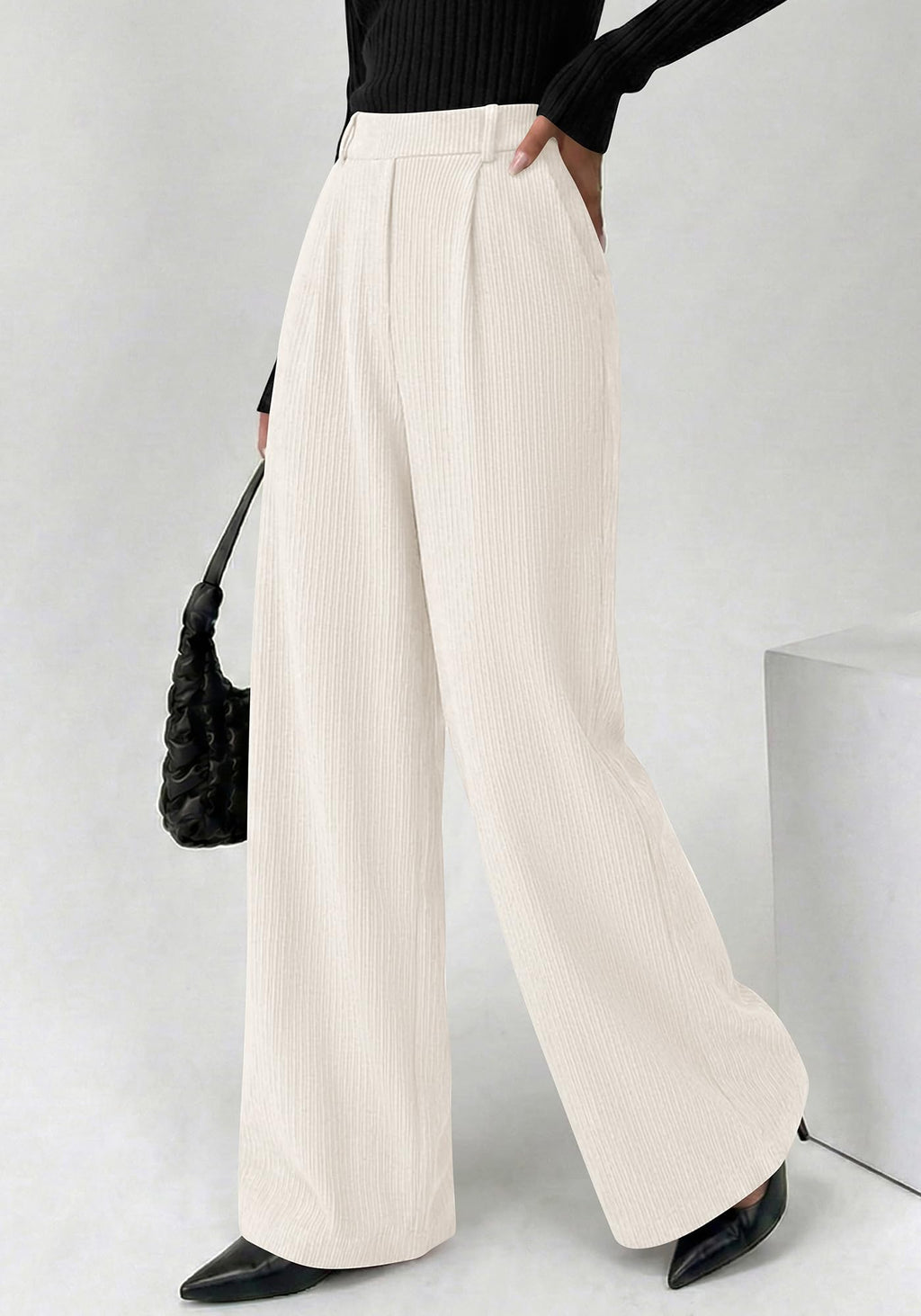 BTFBM Wide Leg Pants for Women Dressy Work Business Casual Elastic High Waisted Trousers Ribbed Lounge Palazzo Pants