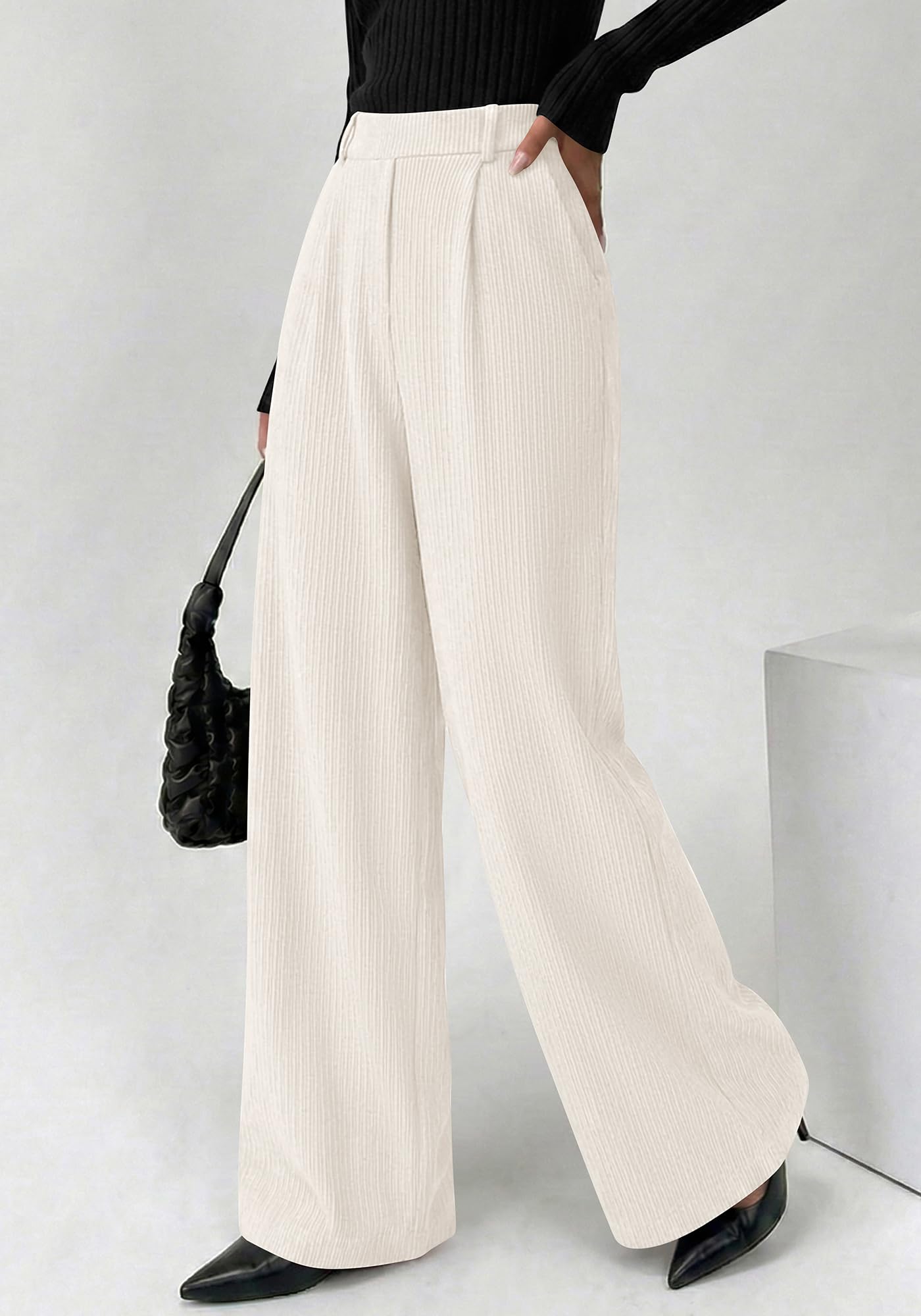 BTFBM Wide Leg Pants for Women Dressy Work Business Casual Elastic High Waisted Trousers Ribbed Lounge Palazzo Pants