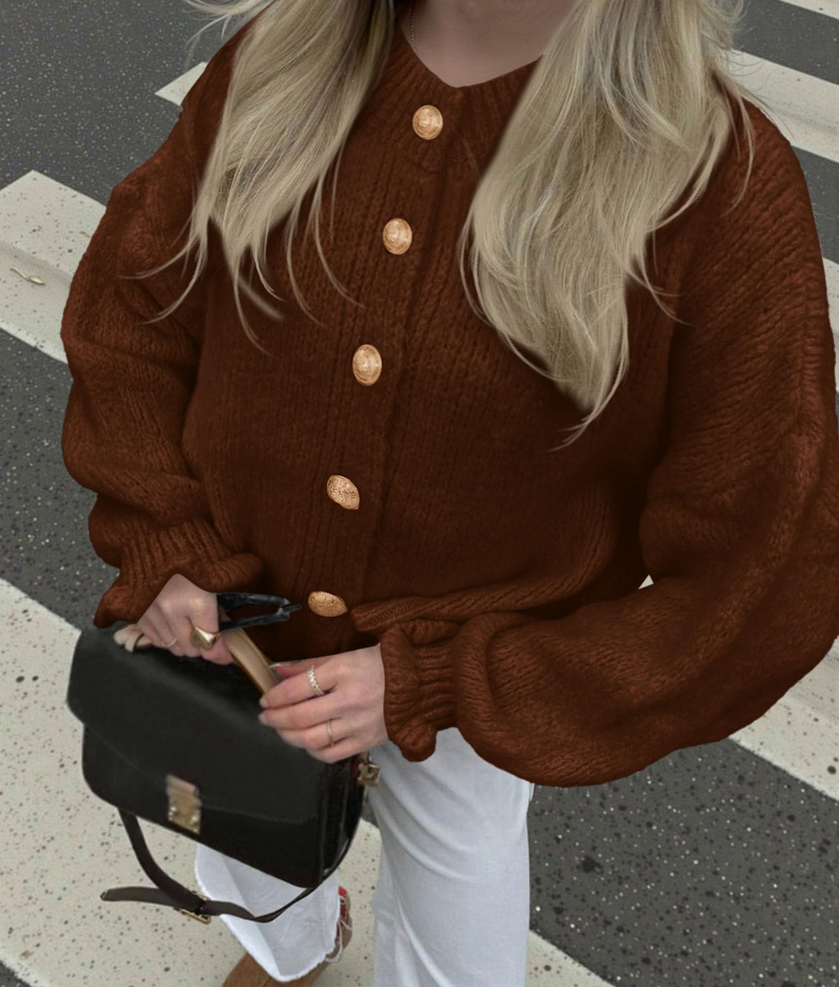 PRETTYGARDEN Womens Cropped Cardigans Trendy Ruffle Open Front Chunky Knit Sweater Oversized Button Down Fall Clothes