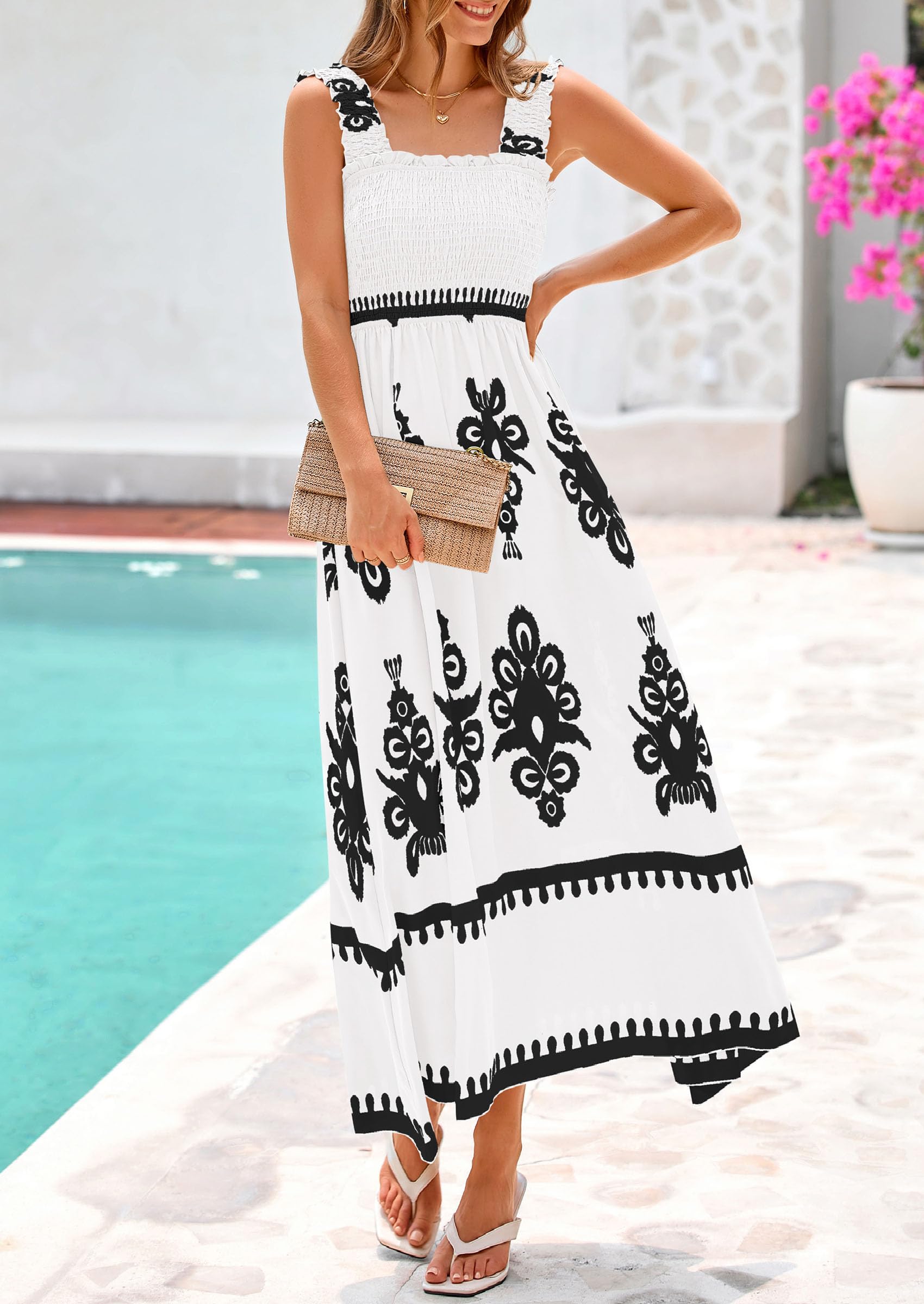 PRETTYGARDEN Womens Summer Boho Maxi Dress Casual Sleeveless Square Neck Floral Aline Smocked Beach Dresses with Pockets