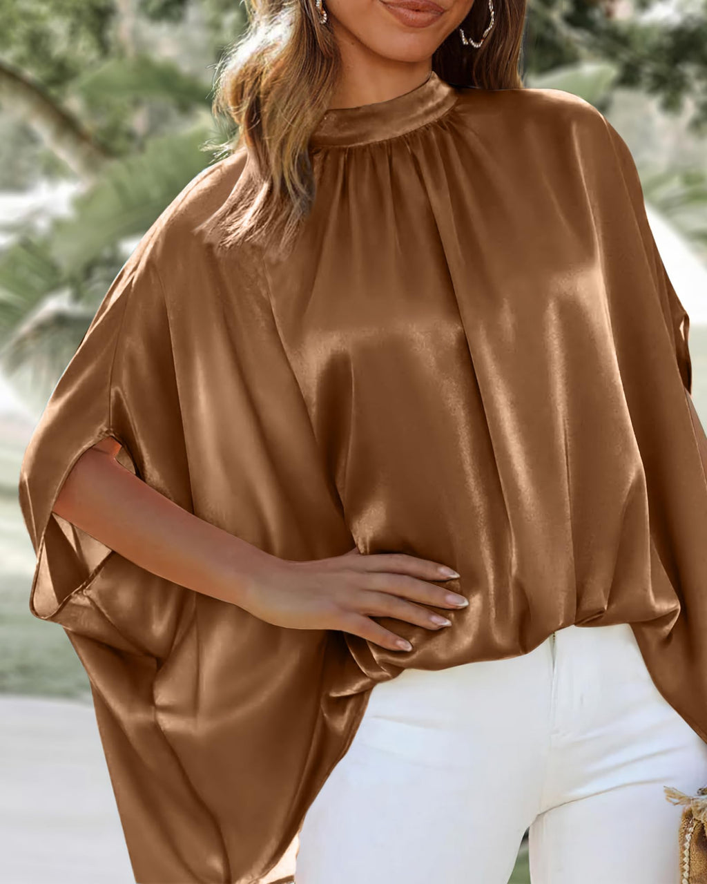 BTFBM Womens Summer Tops Mock Neck Batwing Sleeve Silk Satin Shirts Loose Oversized Dressy Casual Spring Blouses