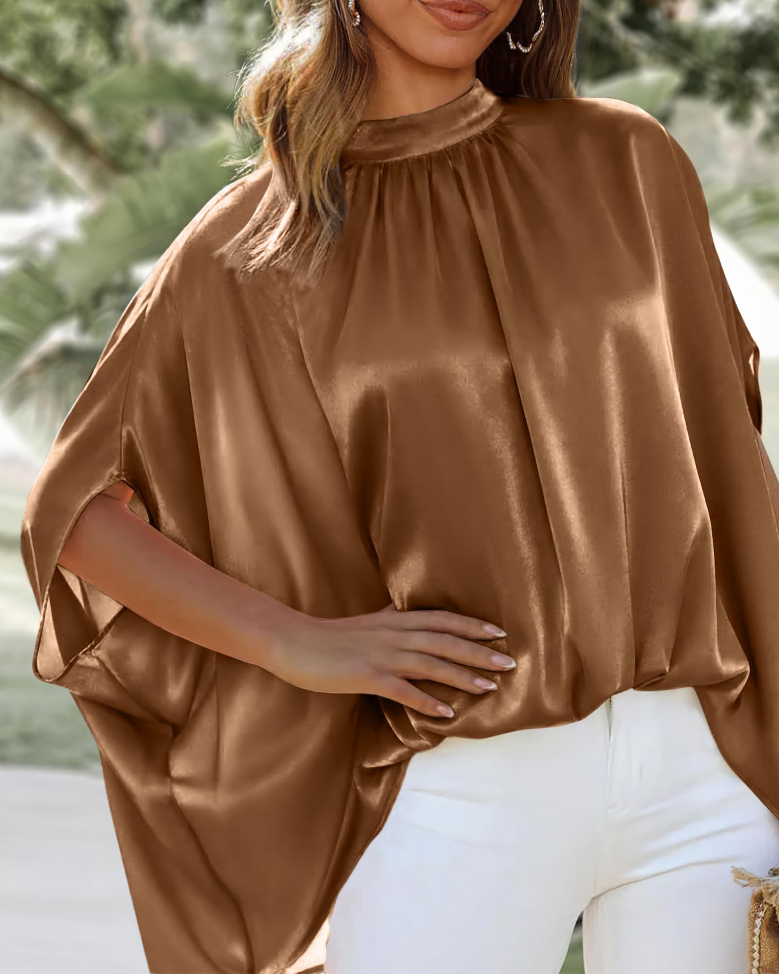 BTFBM Womens Summer Tops Mock Neck Batwing Sleeve Silk Satin Shirts Loose Oversized Dressy Casual Spring Blouses