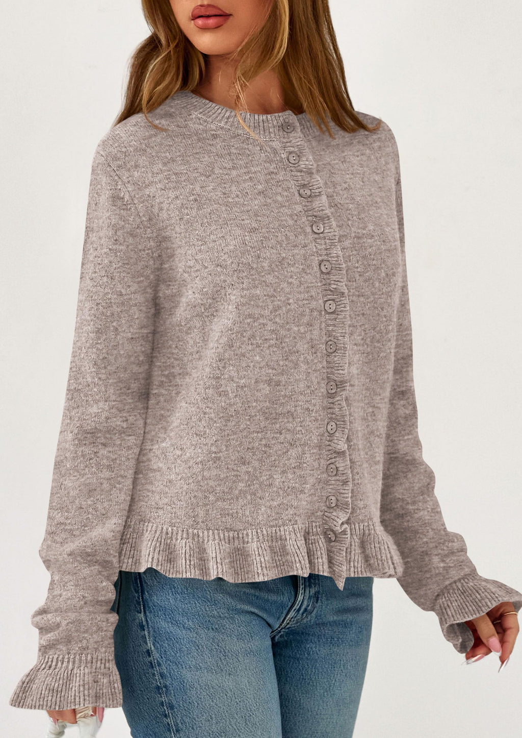 PRETTYGARDEN Womens Fall Button Down Cardigans Chunky Knit Ruffle Open Front Cropped Cardigan Sweaters Soft Long Sleeve Tops