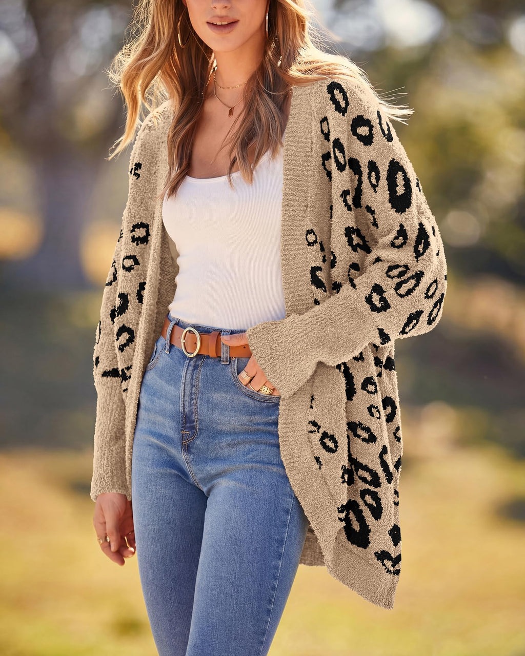 BTFBM Leopard Cardigan for Women Long Sleeve Open Front Cardigans Sweaters Pockets Loose Knit Fall Spring Outwear