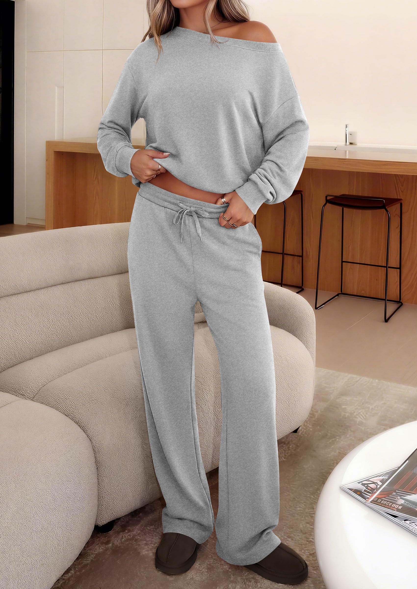 PRETTYGARDEN Womens 2 Piece Casual Matching Lounge Sets Fashion Off the Shoulder Sweatshirt, Wide Leg Pants with Pockets, Comfy Airport Travel Outfit,Trendy Fall Set
