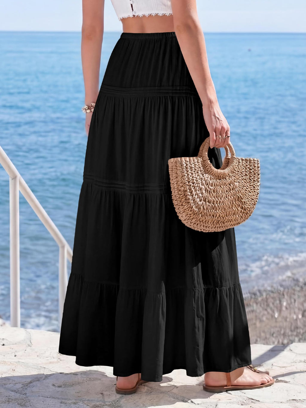 BTFBM Spring Skirts for Women Summer Boho Beach Vacation Clothes Casual Pleated High Waisted Flowy Maxi Skirt