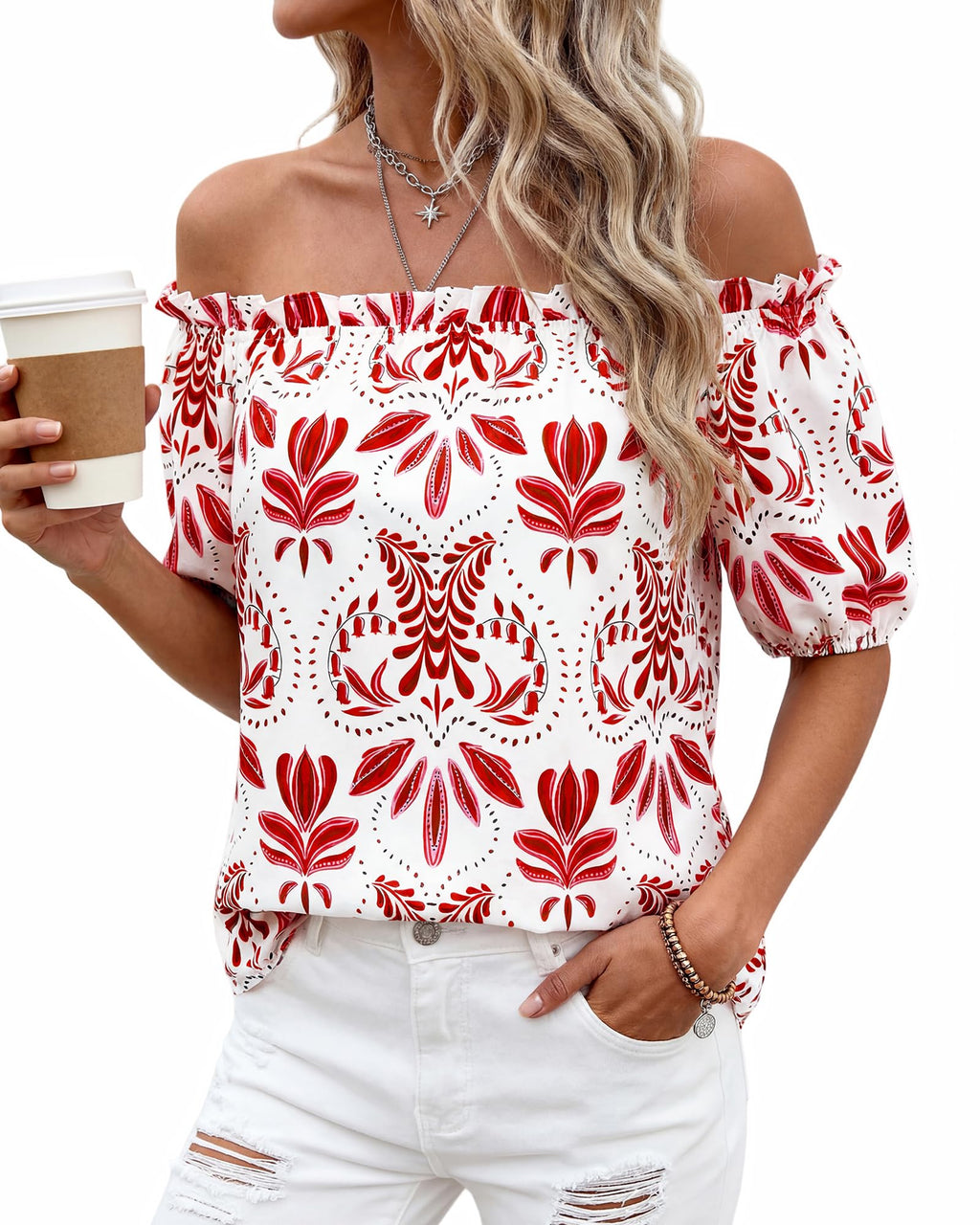 BTFBM Off The Shoulder Spring Tops for Women Summer Blouses Boho Floral Short Sleeve Shirts Dressy Casual Outfits