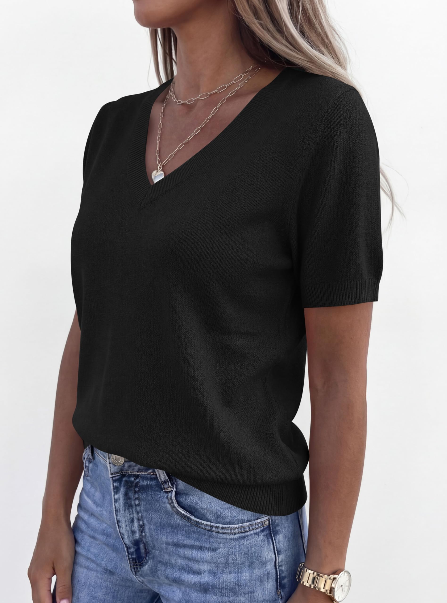 PRETTYGARDEN Womens Short Sleeve Sweater V Neck Trendy Pullover Tops Summer Spring Loose Lightweight Casual Blouse