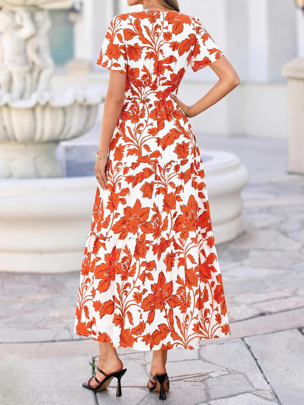 BTFBM Womens Summer Floral Maxi Dresses V Neck Short Sleeve Boho Casual Flowy Long Wedding Guest Dress Beach Vacation