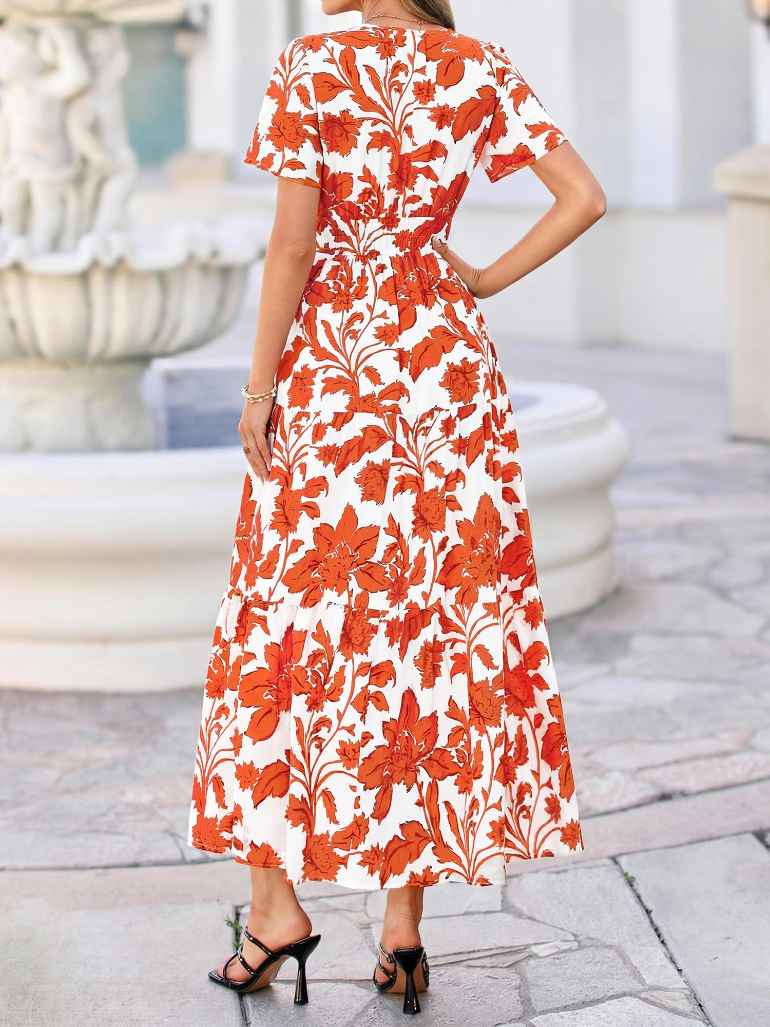 BTFBM Womens Summer Floral Maxi Dresses V Neck Short Sleeve Boho Casual Flowy Long Wedding Guest Dress Beach Vacation