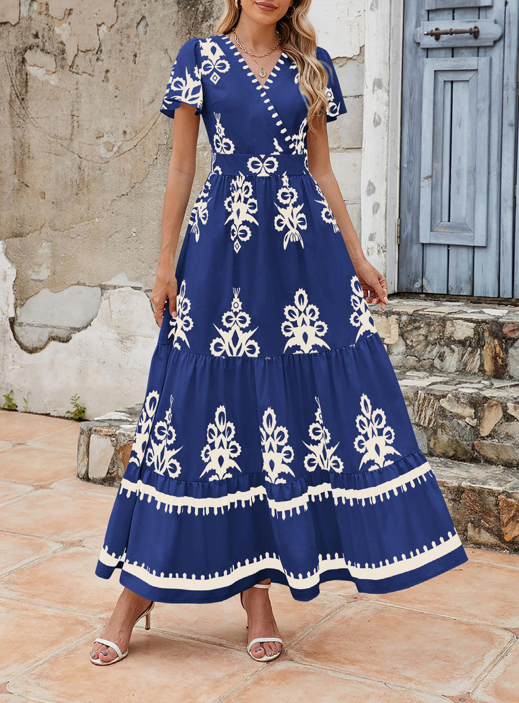 PRETTYGARDEN Womens Summer Casual V Neck Boho Maxi Dress Flowy Aline Bell Sleeve Tiered Floral Dresses with Pocket