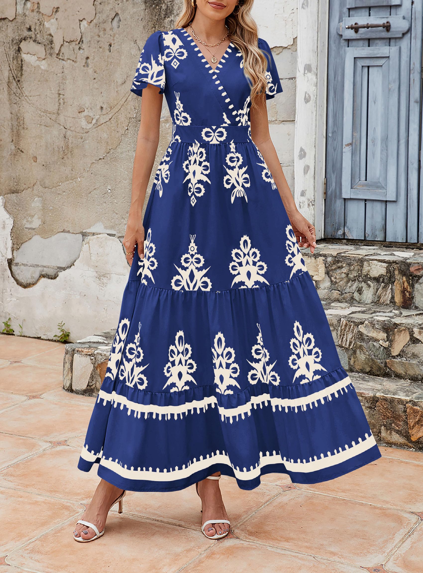 PRETTYGARDEN Womens Summer Casual V Neck Boho Maxi Dress Flowy Aline Bell Sleeve Tiered Floral Dresses with Pocket