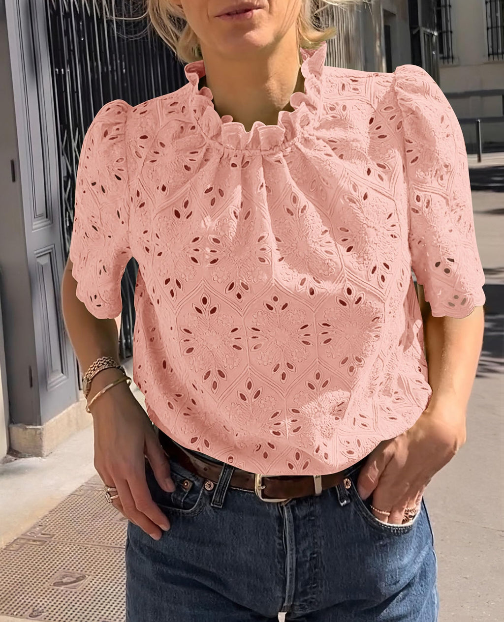 PRETTYGARDEN Womens Summer Tops Trendy Short Sleeve Eyelet Embroidered Dressy Casual Blouse Shirts