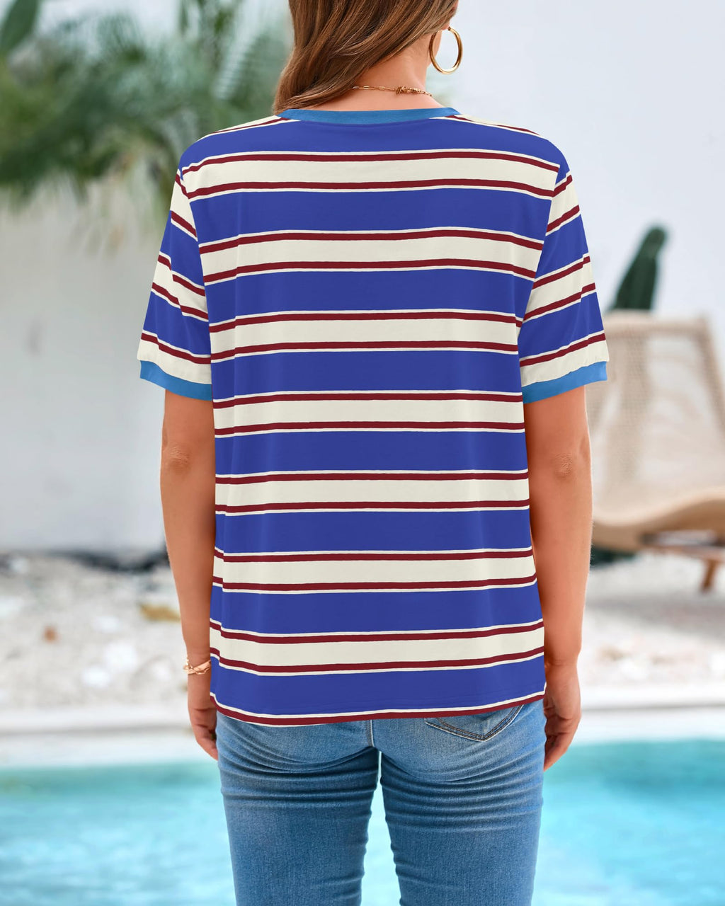 BTFBM Summer Tops for Women Crewneck Short Sleeve Striped T Shirts Casual Spring Clothes Color Block Basic Tee Blouses