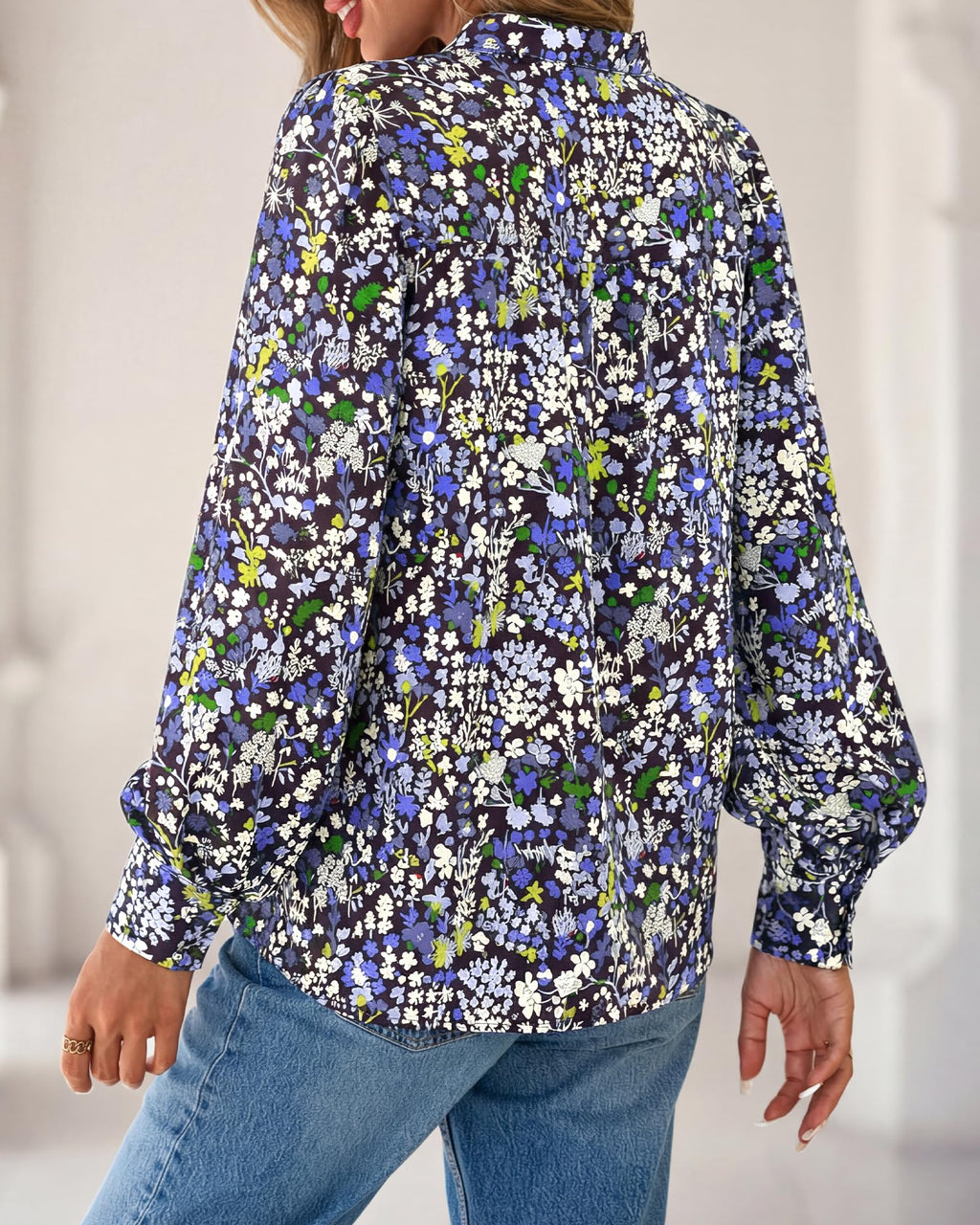 BTFBM Womens Tops Dressy Casual Spring Boho Floral V Neck Long Sleeve Half Button Down Shirt Work Business Blouses