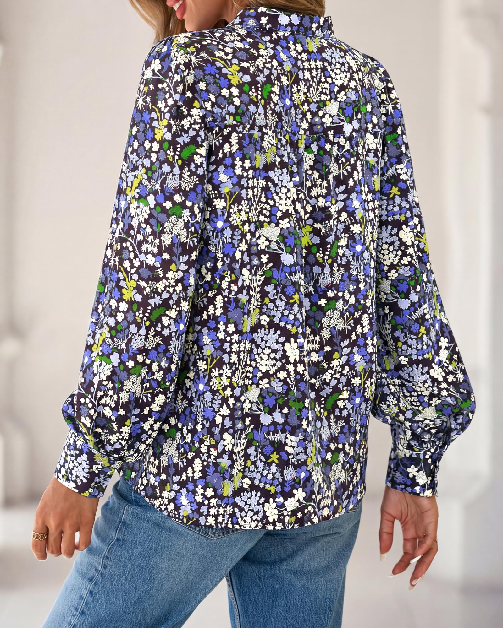 BTFBM Womens Tops Dressy Casual Spring Boho Floral V Neck Long Sleeve Half Button Down Shirt Work Business Blouses