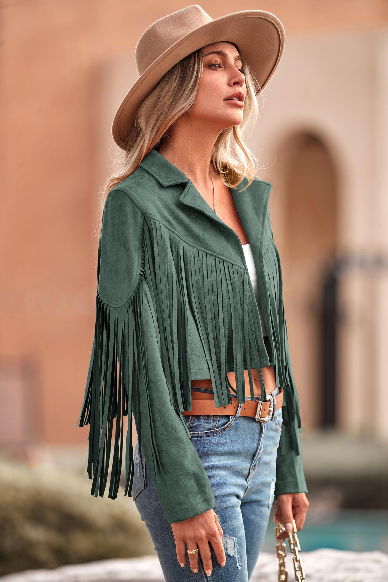 PRETTYGARDEN Women's Fringe Faux Suede Leather Jackets Fall Fashion Tassel Motorcycle Cropped Coats
