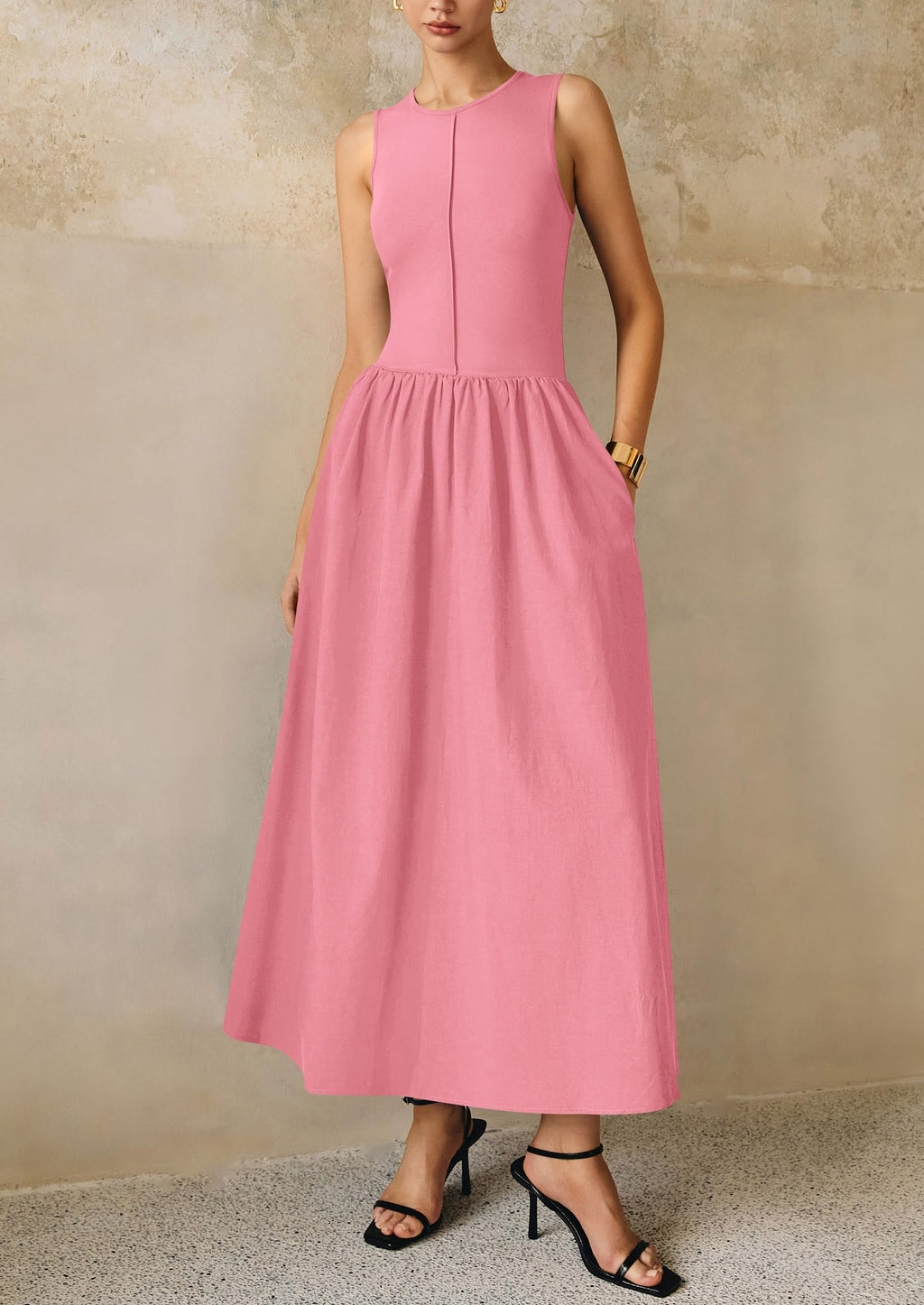 PRETTYGARDEN Maxi Dresses for Women Summer Casual Sleeveless Patchwork Flowy Vacation Sundress Knit Long Work Tank Dress