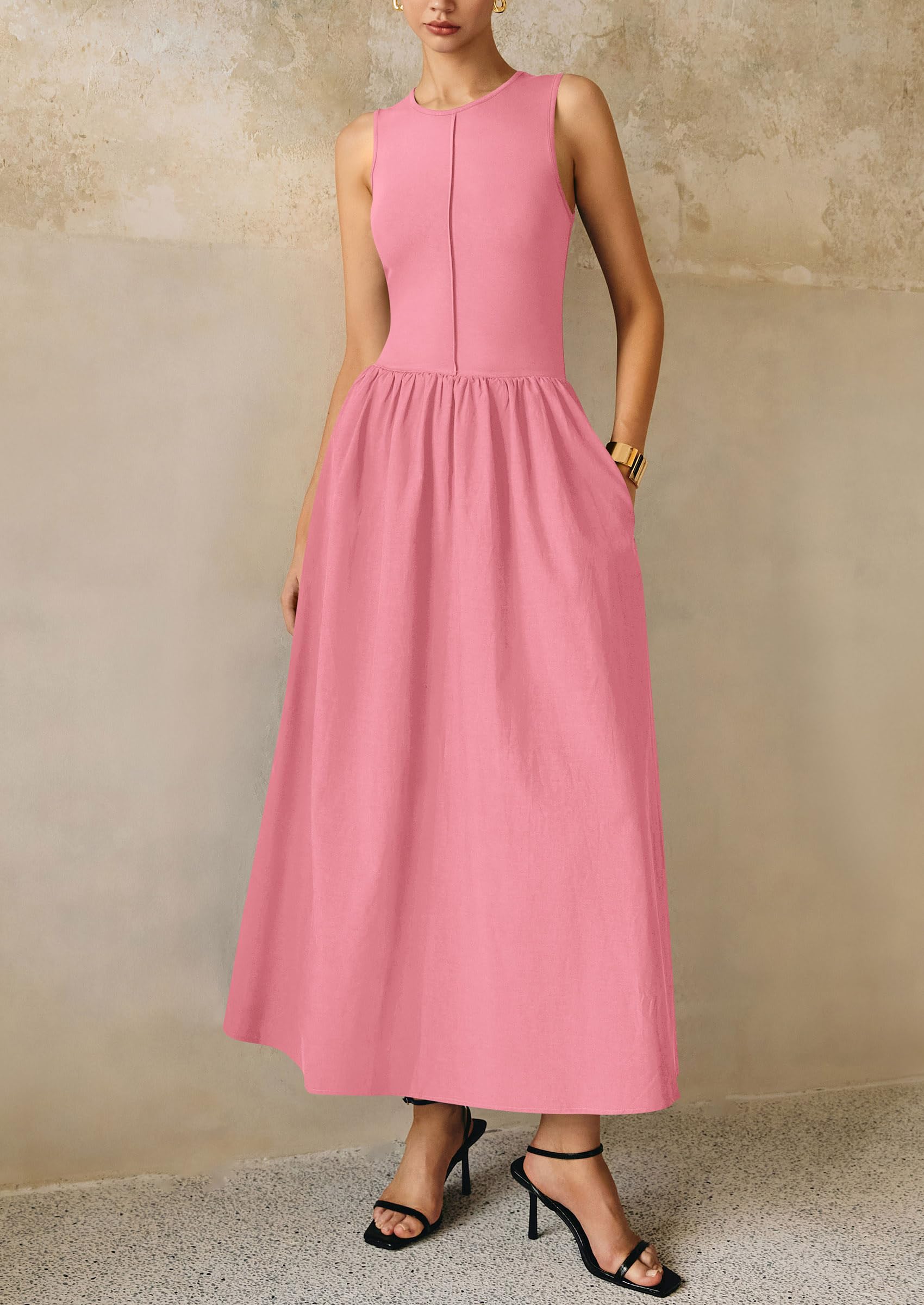 PRETTYGARDEN Maxi Dresses for Women Summer Casual Sleeveless Patchwork Flowy Vacation Sundress Knit Long Work Tank Dress