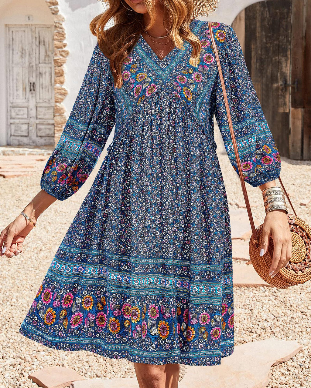 BTFBM Women Casual Spring Summer Dresses V Neck 3/4 Long Sleeve Ruffle Floral Flowy Boho Babydoll Mini Short Beach Dress