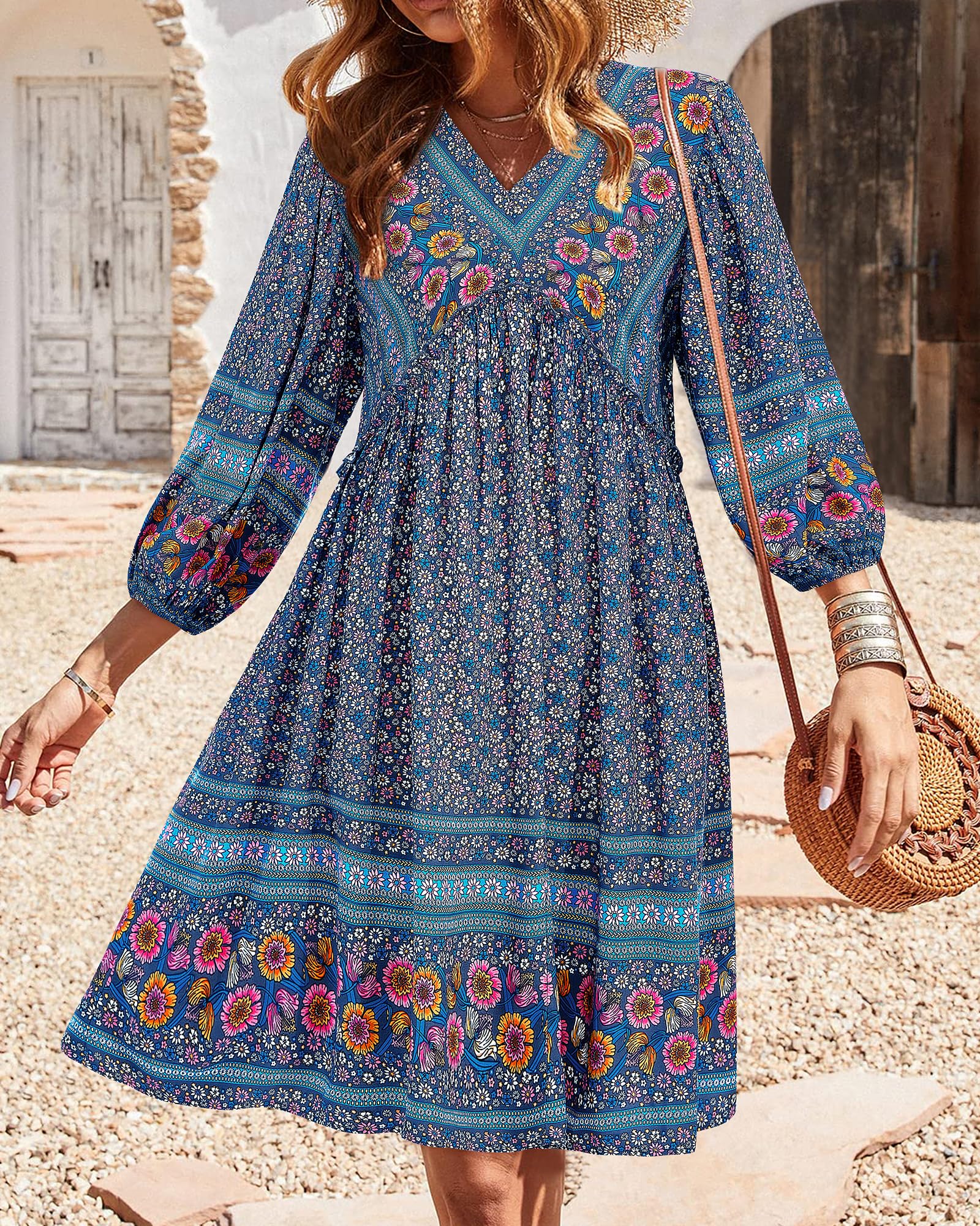 BTFBM Women Casual Spring Summer Dresses V Neck 3/4 Long Sleeve Ruffle Floral Flowy Boho Babydoll Mini Short Beach Dress