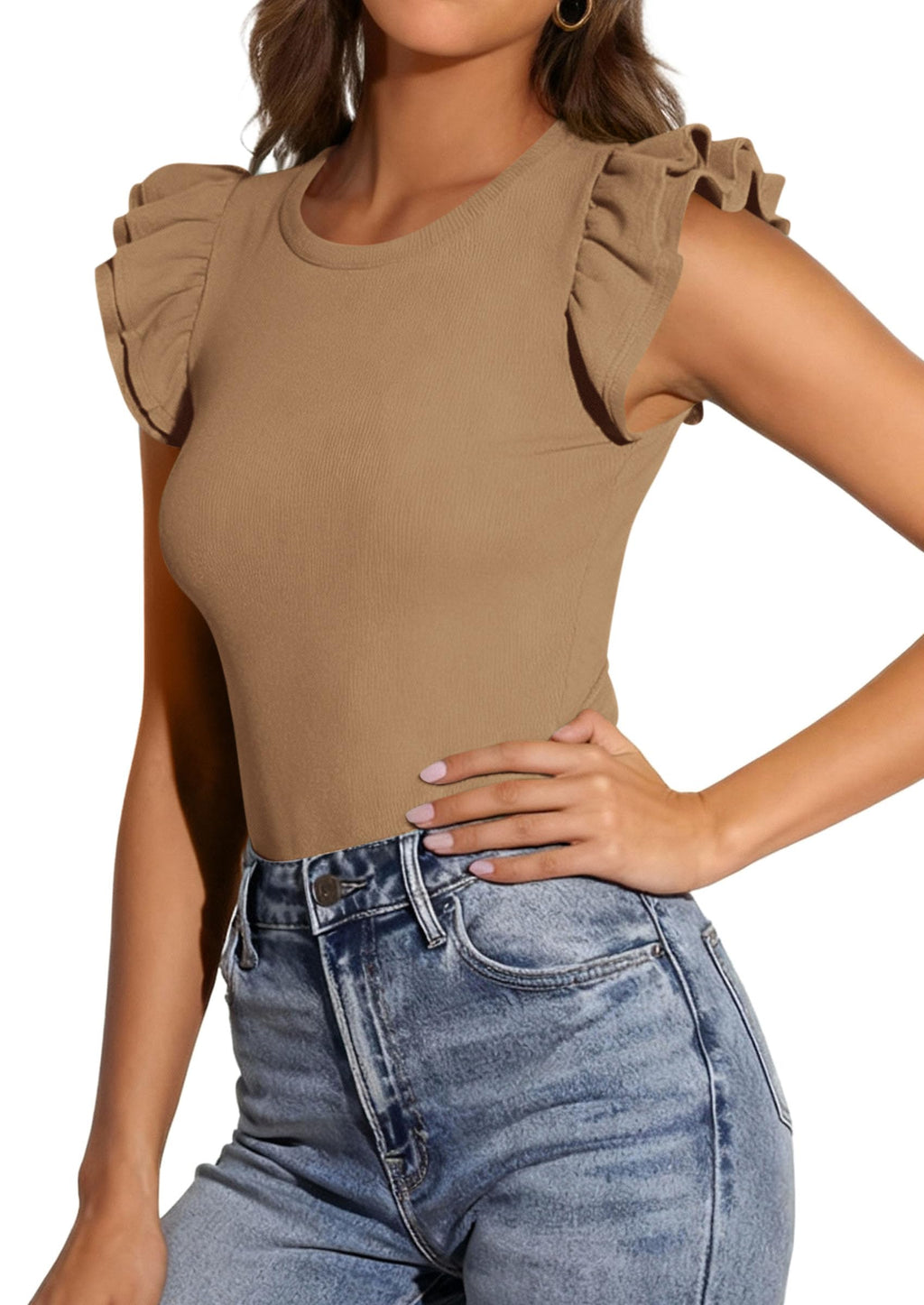 PRETTYGARDEN Womens Summer Crew Neck T Shirts Trendy Ruffle Sleeve Slim Fit Knit Going Out Tops Casual Spring Clothes