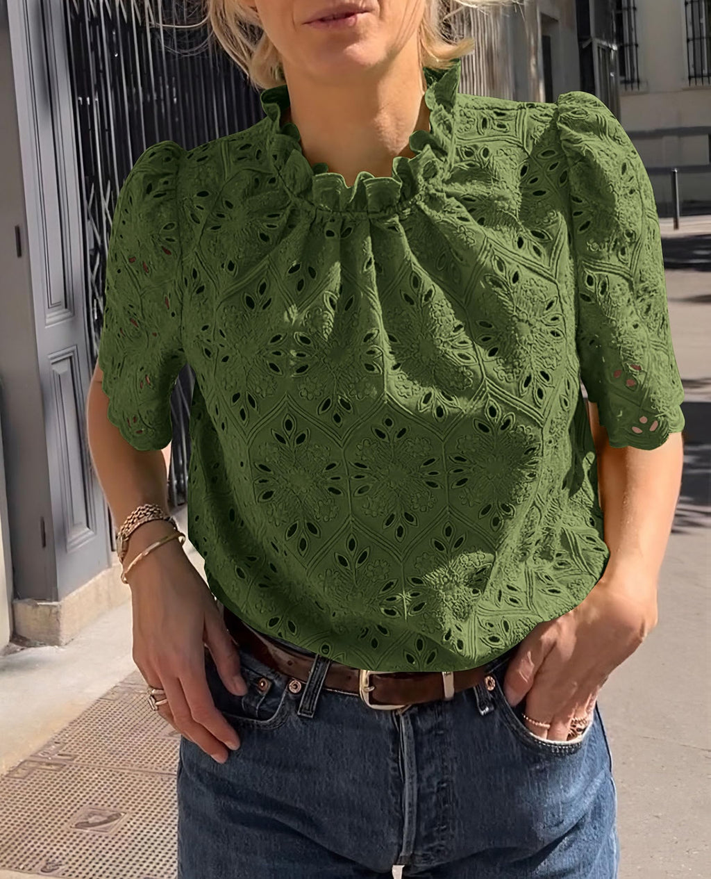 PRETTYGARDEN Womens Summer Tops Trendy Short Sleeve Eyelet Embroidered Dressy Casual Blouse Shirts