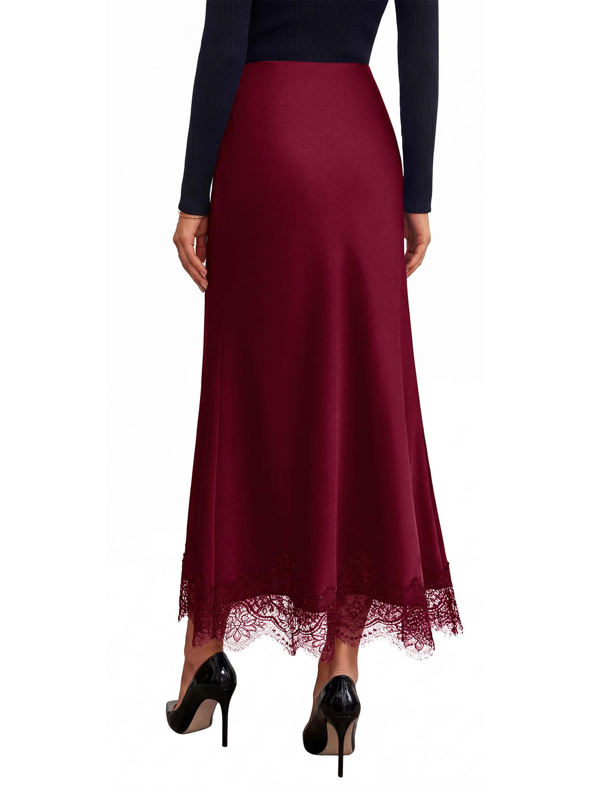 BTFBM Lace Trim Satin Skirts for Women Elegant | Lightweight, High Waist, A-Line, Flowy Maxi Skirt, Wedding, Cocktail, Graduation, Holiday Outfits, Fall Fashion Clothing