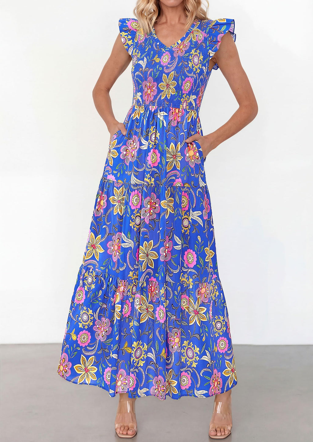 PRETTYGARDEN Women's Boho Floral Maxi Dress Summer Smocked V Neck Ruffle Sleeve Spring Flowy Beach Vacation Sundresses