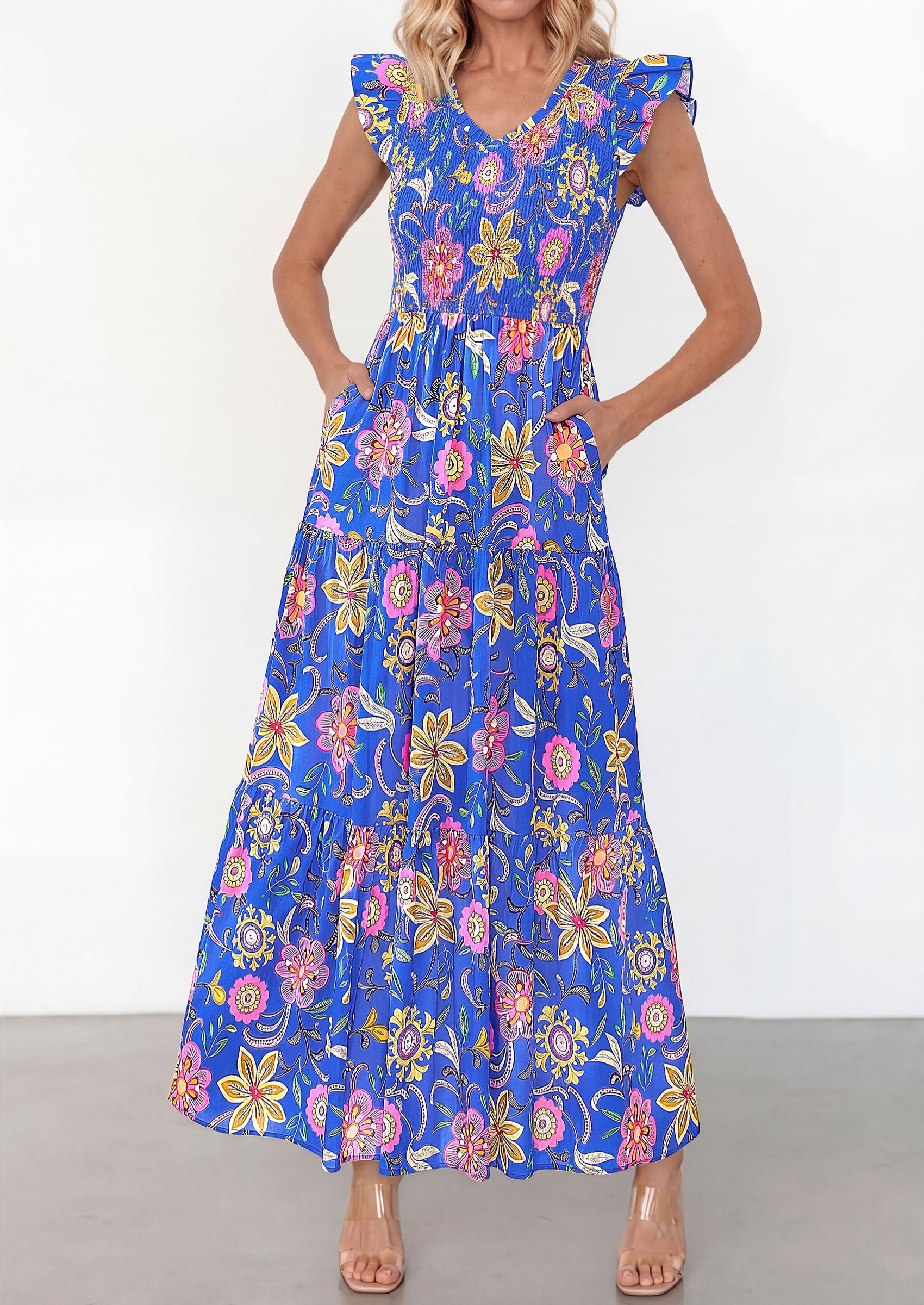 PRETTYGARDEN Women's Boho Floral Maxi Dress Summer Smocked V Neck Ruffle Sleeve Spring Flowy Beach Vacation Sundresses