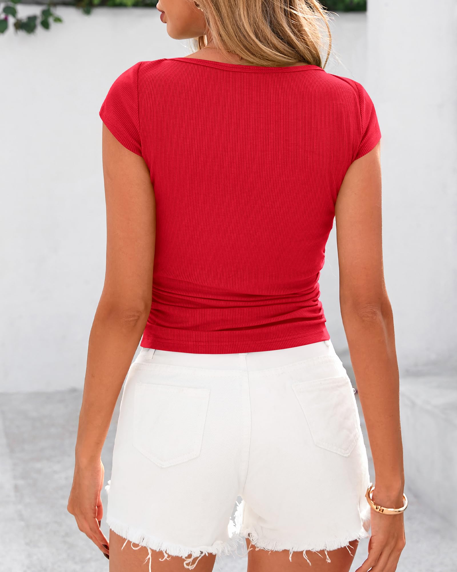 FreshPretty Womens Summer Tops Ribbed T Shirts Crew Neck Short Sleeve Stretchy Ruched Slim Fit Workout Going Out Top
