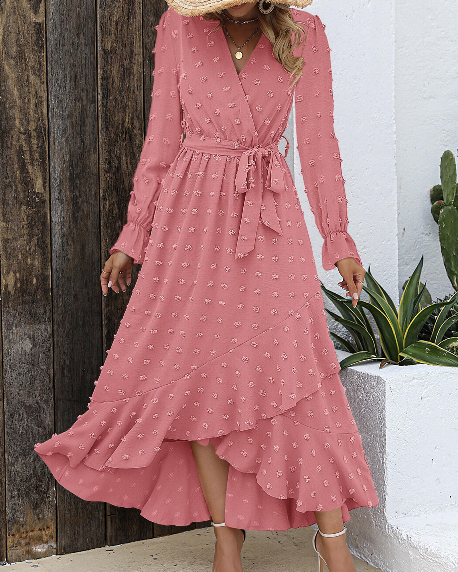 FreshPretty Long Sleeve Maxi Dresses for Women V Neck Swiss Dot Boho Flowy Slit Cocktail Wedding Guest Dress Fall Clothes