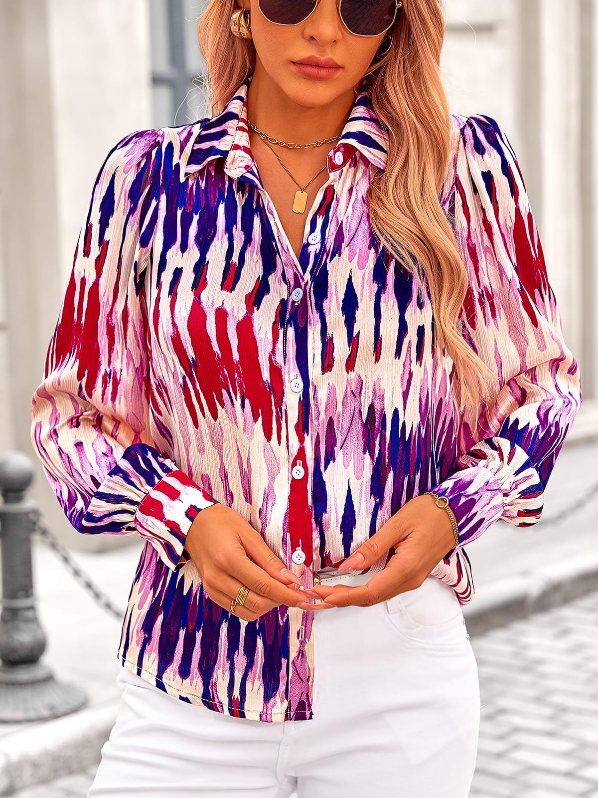 PRETTYGARDEN Women's Floral Blouses Dressy Casual V Neck Button Down Shirts Lantern Long Sleeve Boho Chiffon Spring Tops