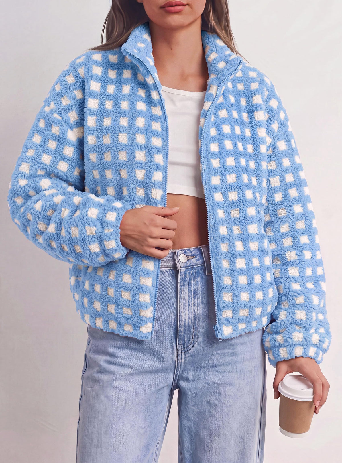 PRETTYGARDEN Women's Gingham Sherpa Fleece Jacket Plaid Cropped Teddy Coat Trendy Y2K Winter Jacket, Zip Up Stand Collar, Side Pockets, Fall Outfit for Casual Daily, Going Out, Streetwear, Outdoor