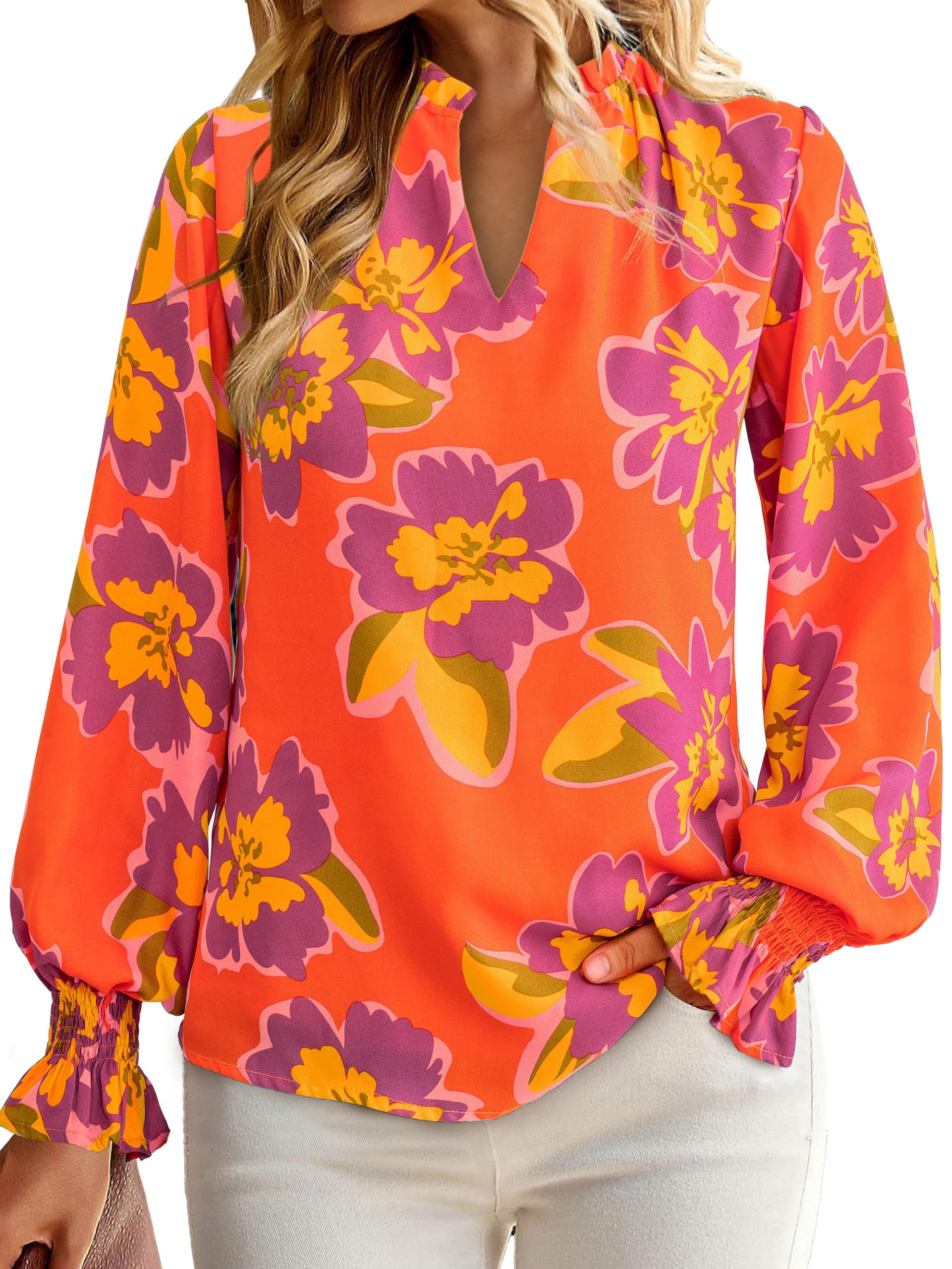 FreshPretty Womens V Neck Floral Long Sleeve Tops Summer Casual Loose Puff Sleeve Chiffon Boho Work Blouse Dressy T Shirts