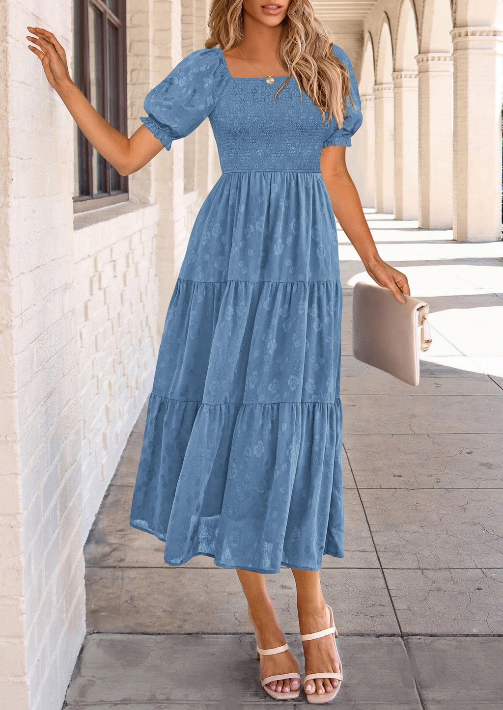 PRETTYGARDEN Women's Summer Casual Midi Dresses Square Neck Short Sleeve Smocked A Line Floral Flowy Elegant Boho Dress