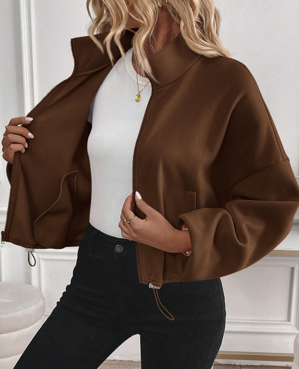 PRETTYGARDEN Womens Zip Up Fleece Cropped Sweatshirt Jacket Oversized Loose Soft Stand Collar with Drawstring Hem, Long Sleeve Casual Coat With Pockets, Fall Outfits Winter Clothing